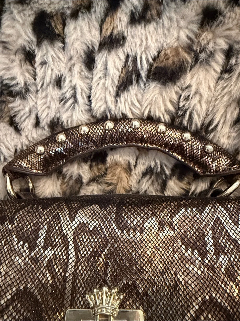 Christian Audigier Metallic Snake-Print Fringe Crossbody Bag in Brown and Gold